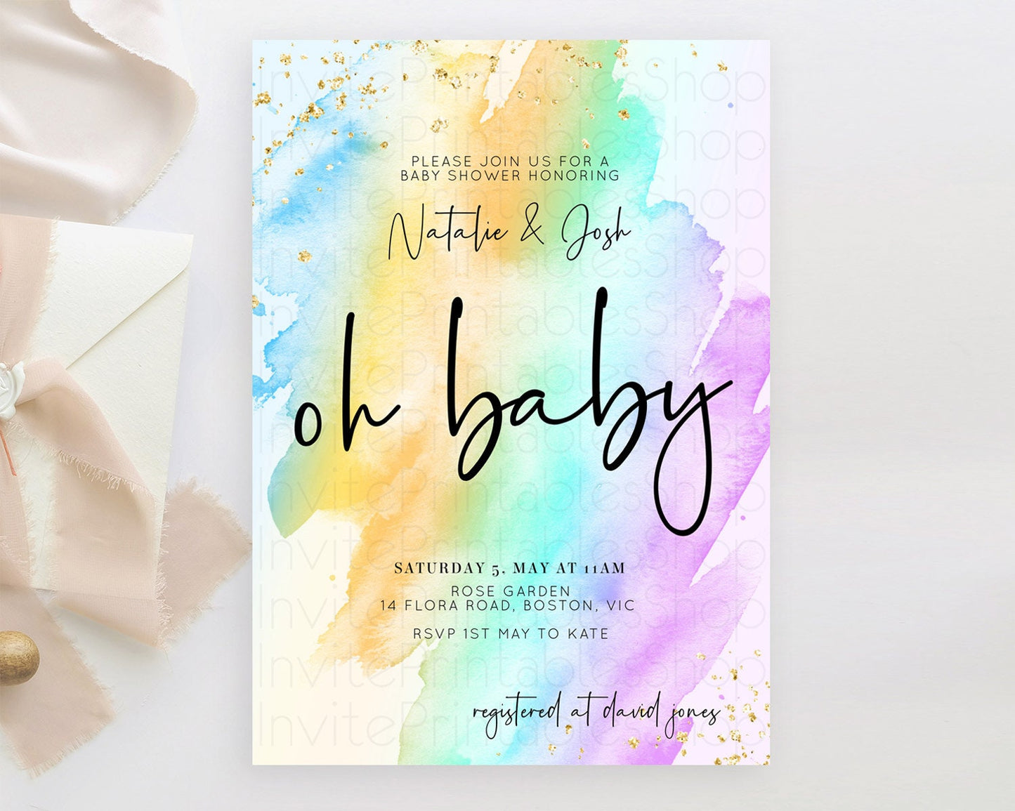 Pastel Baby Shower Invitation Rainbow Baby Shower Invitation Colorful Pastel Watercolor Invitation Gold Glitter Sprinkles Ombre D10427