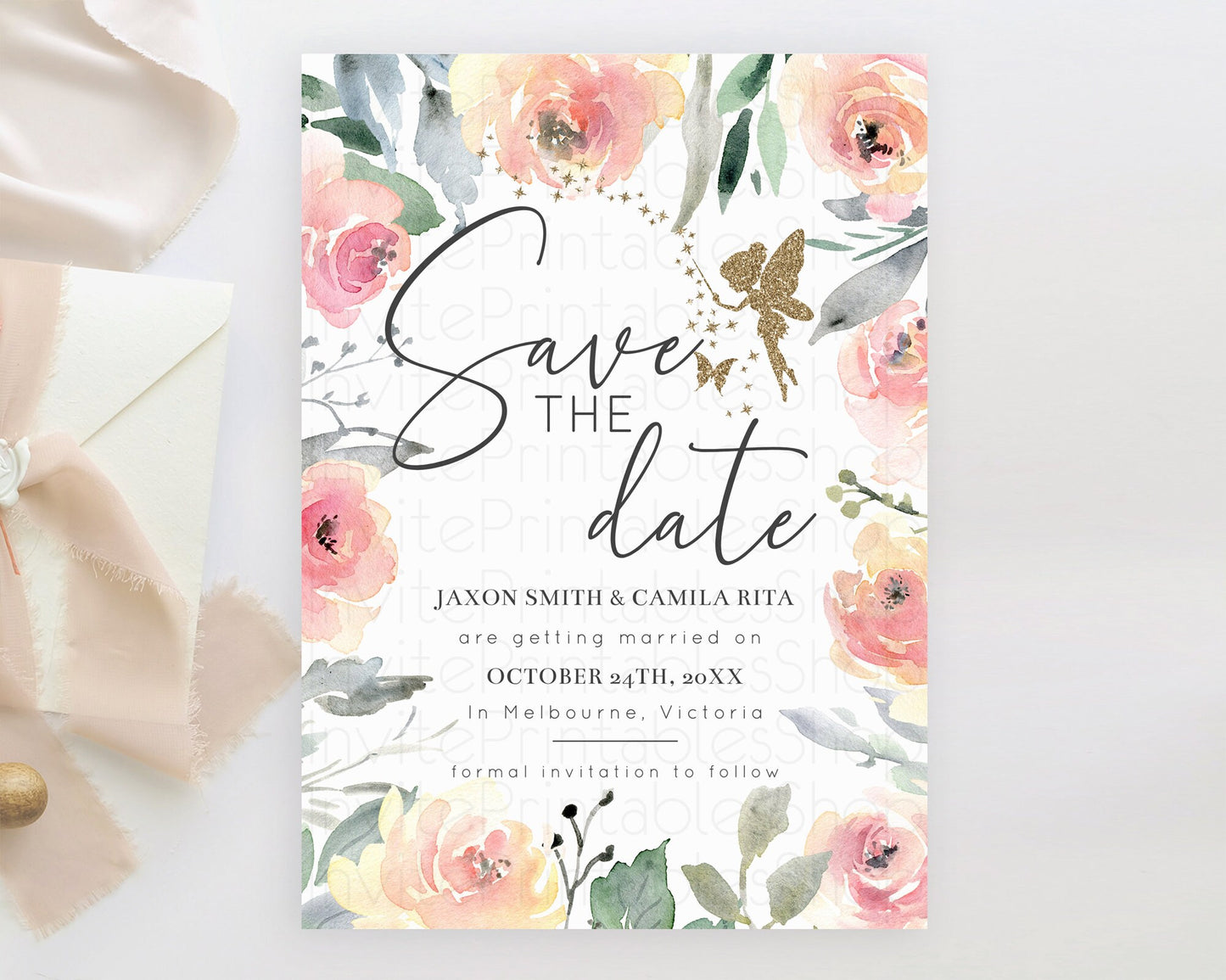 Fairy Save The Date Template Enchanted Garden Pastel Floral Butterfly Party Secret Garden Birthday Baptism Baby Shower Bridal Shower D10779