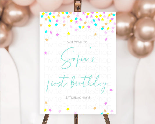 Star Welcome Board Pastel Stars Welcome Sign Shooting Star Rainbow Colorful Confetti Twinkle Little Star First Birthday Welcome Sign D10397