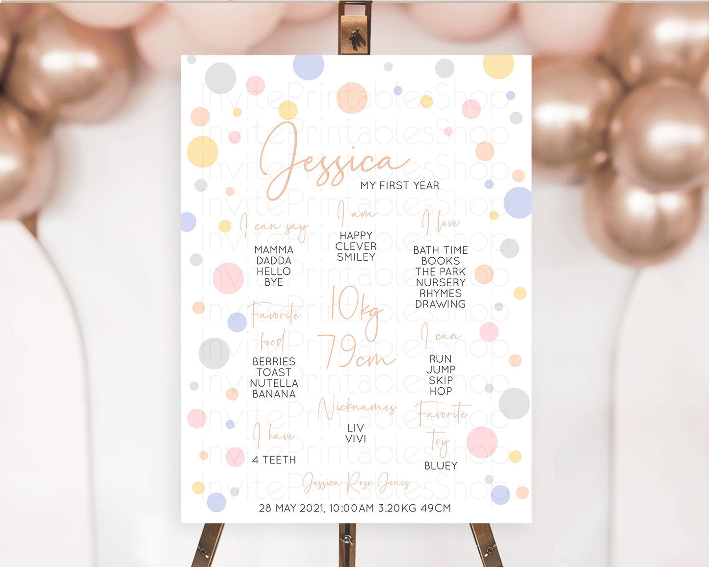 Pastel First Birthday Milestone Poster Pastel Rainbow Confetti First Birthday Milestone Board Colorful Bubbles Birthday Welcome Sign D10759