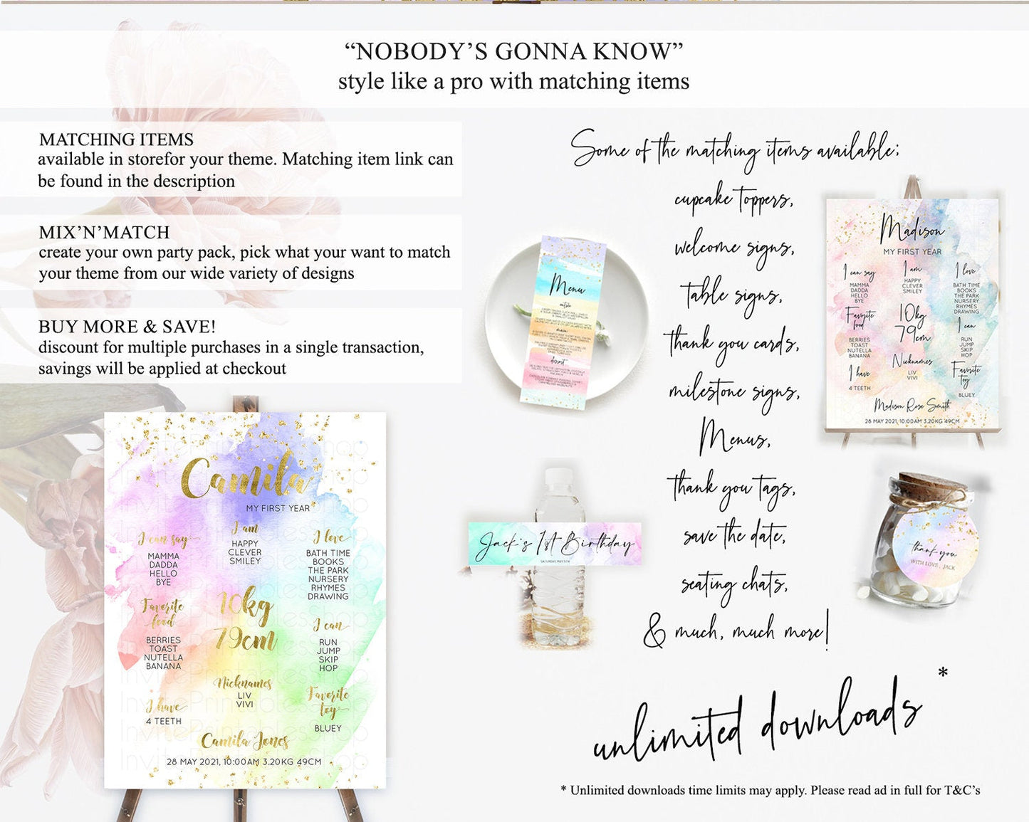 Pastel First Birthday Milestone Board Pastel Rainbow Milestone Poster Colorful Confetti Watercolor Glitter 1st Birthday Welcome Sign D10876