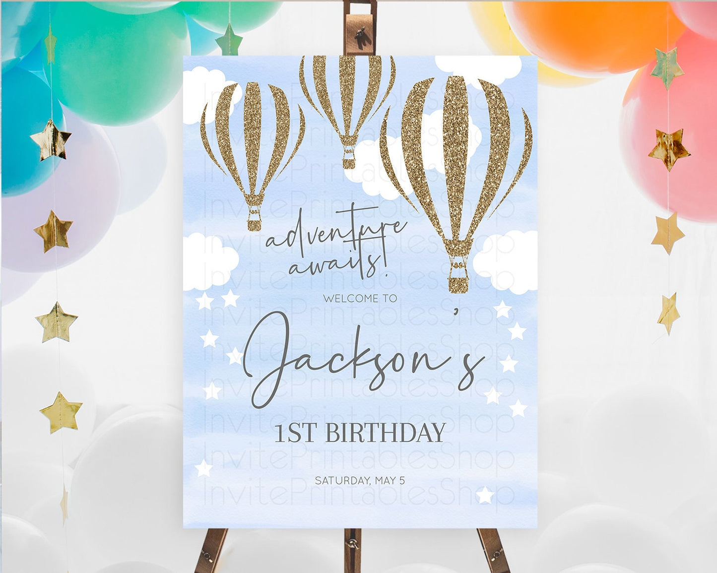 Hot Air Balloon First Birthday Welcome Board Hot Air Balloon Welcome Board Adventure Awaits Watercolor First Birthday Welcome Sign D10333