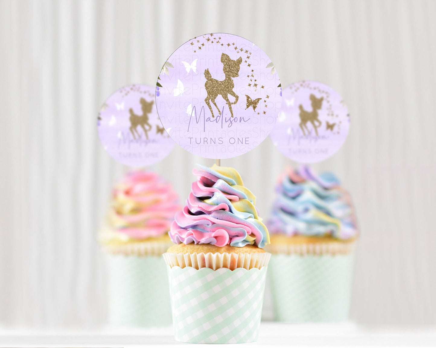 Fawn Cupcake Toppers Deer Cupcake Toppers Enchanted Forest Party Butterfly Pastel Flowers Woofland Cupcake Toppers First Birthday D10963