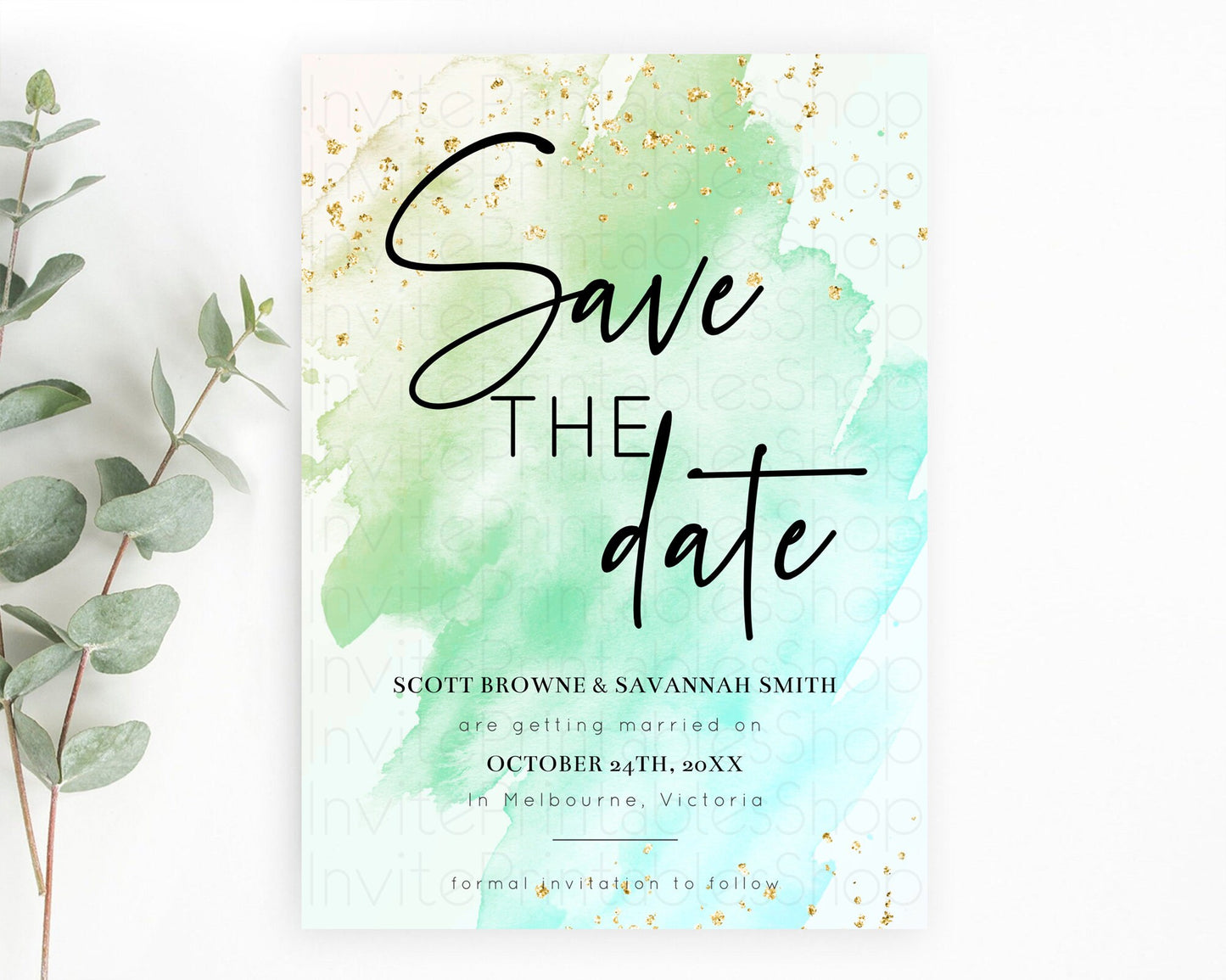 Green Watercolor Save The Date Template Ombre Green Watercolor Splash Party 1st Birthday Baby Shower Wedding Baptism Bridal Shower D10170