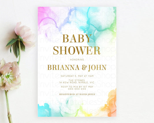 Editable Pastel Rainbow Baby Shower Invitation, Gender Reveal Colorful Water