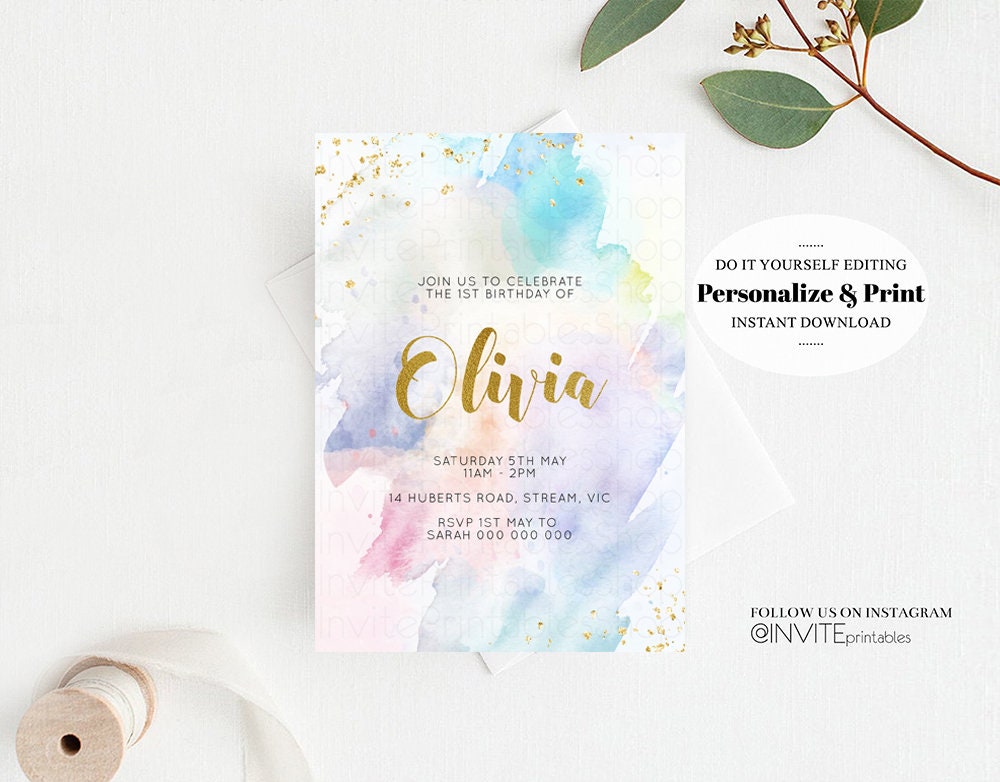 Rainbow Birthday Invitation Ombre Pastel Invitation Colorful Watercolor Splash Invite Gold Glitter Sprinkles Printable Digital Invite