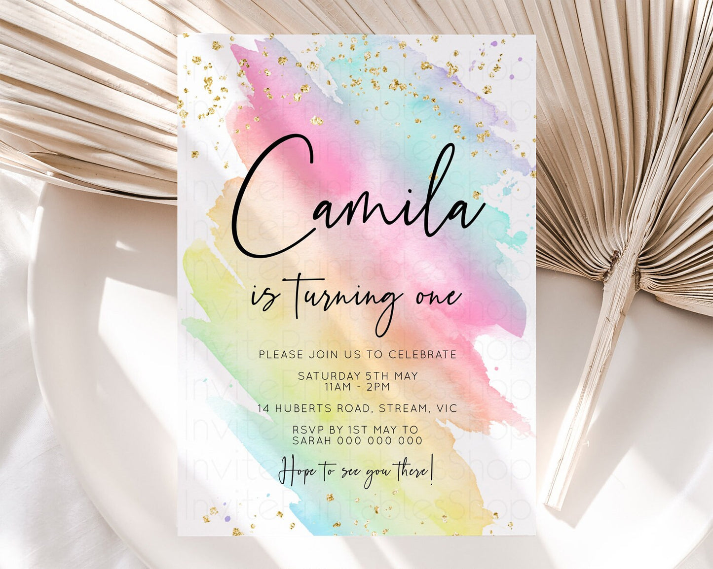 Rainbow Birthday Invitation Pastel Rainbow Birthday Invitation Ombre Watercolor Invite Colorful Splash Glitter Sprinkles 1st 2nd 3rd T518