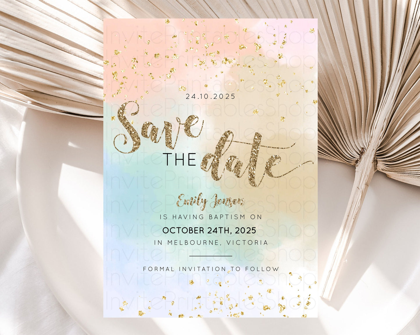 Pastel Save The Date Template Pastel Ombre Rainbow Watercolor Colorful Party For Birthday Baptism Baby Shower Wedding Bridal Shower D10377