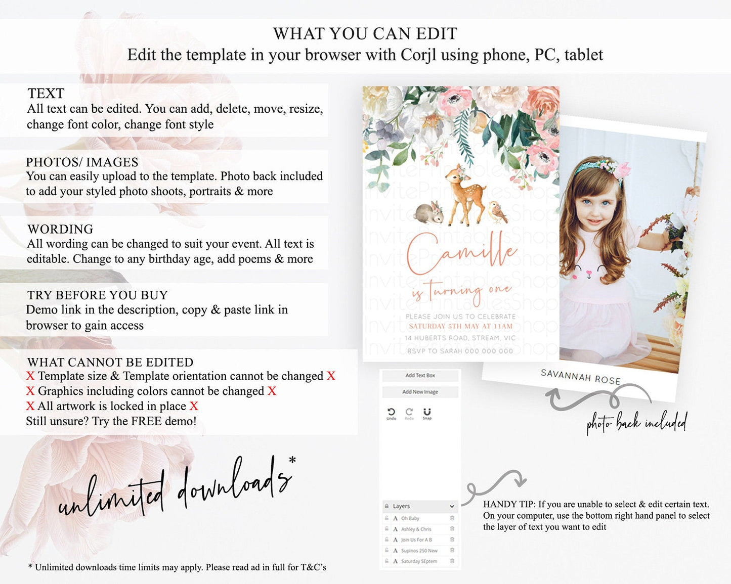 Fawn Birthday Invitation Deer Birthday Invitation Enchanted Forest Party Butterfly Pastel Flowers Whimsical 2nd 1st First Birthday D10733