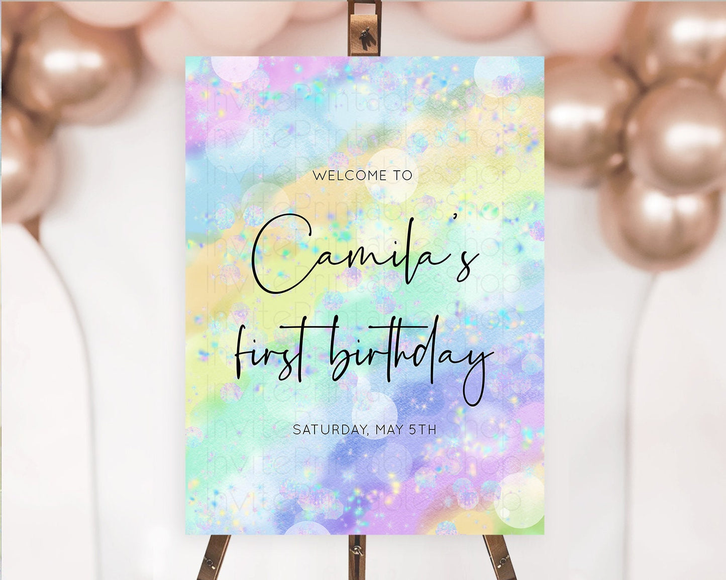 Pastel Welcome Sign Pastel Rainbow Welcome Sign Colorful Rainbow Confetti Watercolor Glitter Pastel First Birthday Welcome Sign D10689