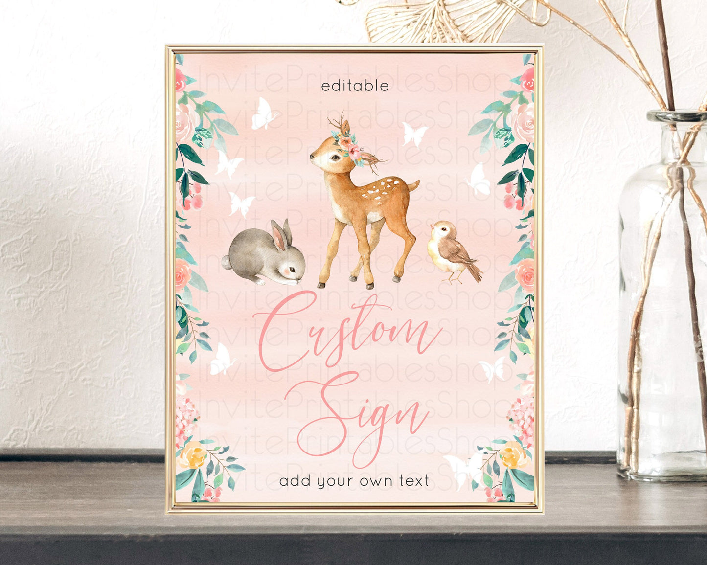 Fawn Deer Sign Pastel Floral Deer Table Sign Decor  Enchanted Forest Butterfly Party 1st Birthday Baptism Baby Shower Bridal Shower D10921