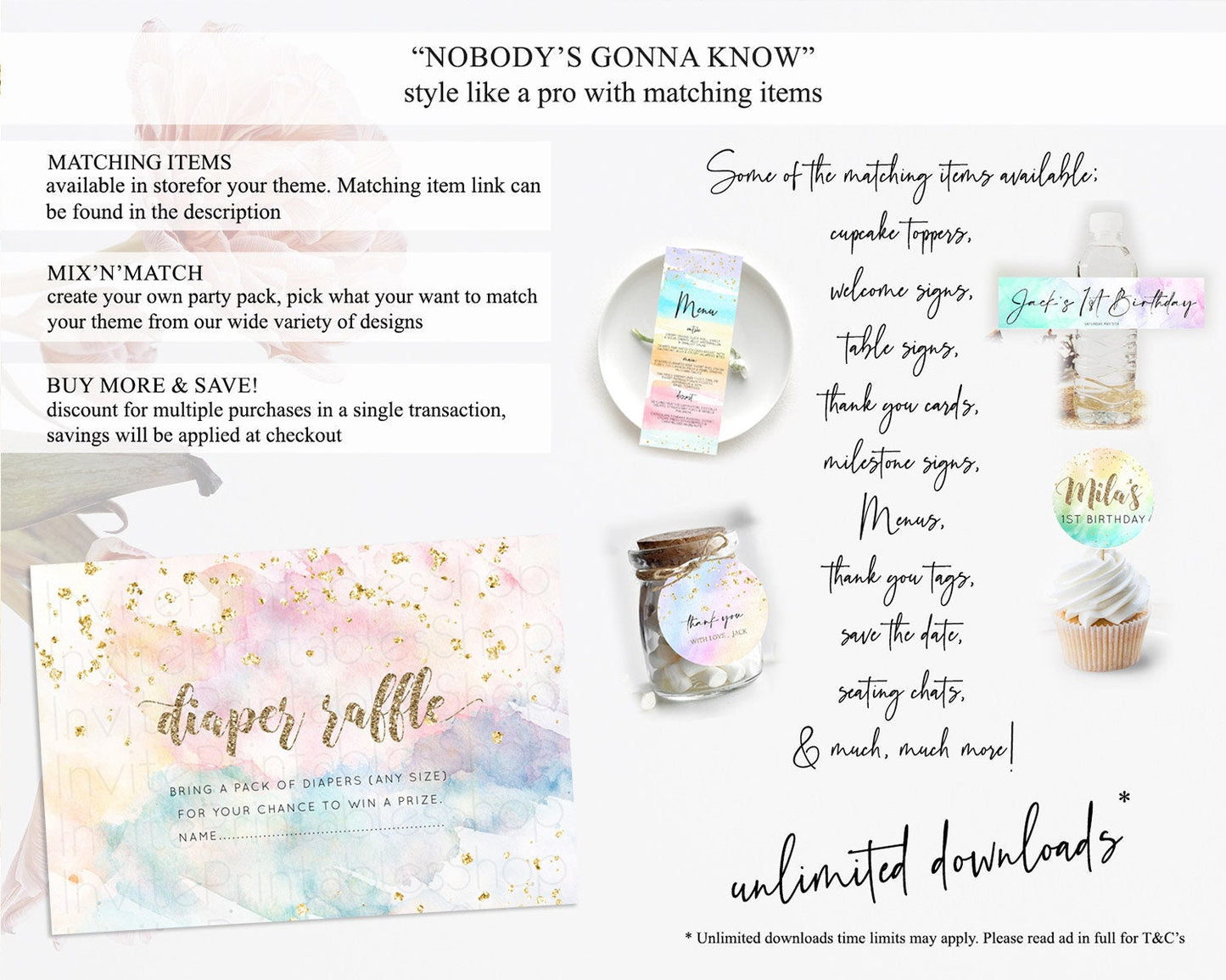 Pastel Diaper Raffle Card Pastel Rainbow Diaper Raffle Insert Colorful Ombre Watercolor Diaper Ticket Confetti Glitter Raffle Game D10264