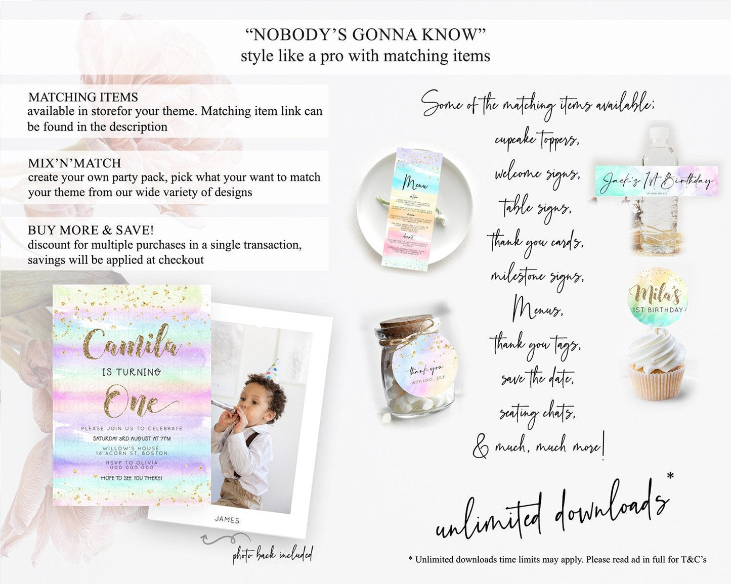 Rainbow Birthday Invitation Colorful Pastel Watercolor Invitation Gold Glitter Sprinkles Ombre Pastel 1st 2nd 3rd Birthday D23263