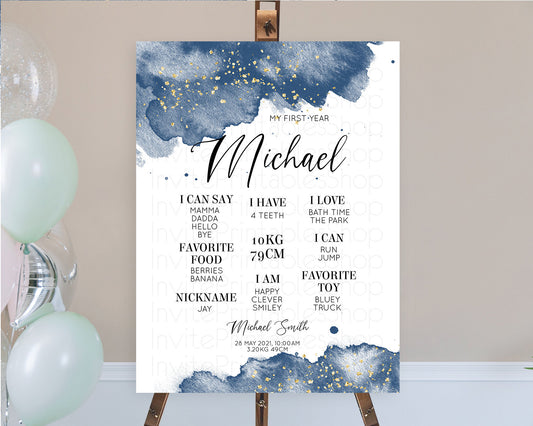 Blue First Birthday Milestone Poster Blue Watercolor Milestone Board Pastel Blue Watercolor Splash Milestone Board 1st Birthday Sign D10312