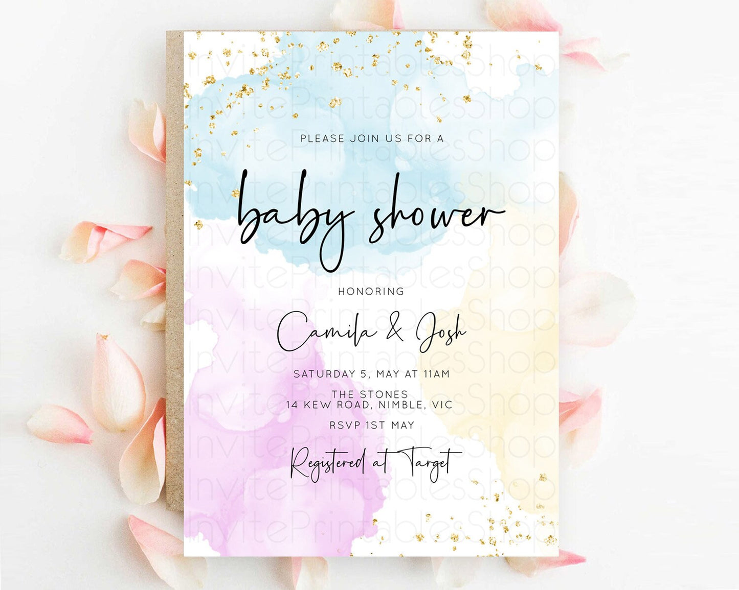 Pastel Baby Shower Invitation Rainbow Baby Shower Invitation Colorful Pastel Watercolor Invitation Gold Glitter Sprinkles Ombre D10155