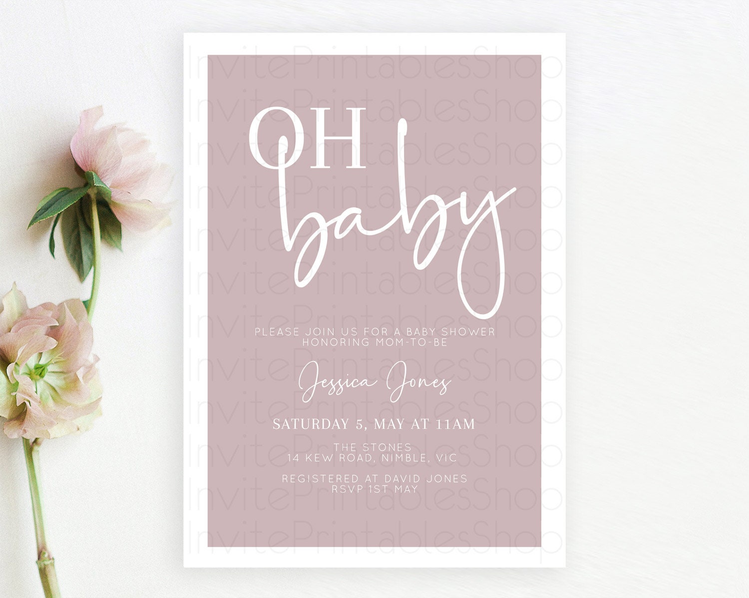 Editable Pink Baby Shower Invitation: Modern Pastel Pink Minimalist Design I