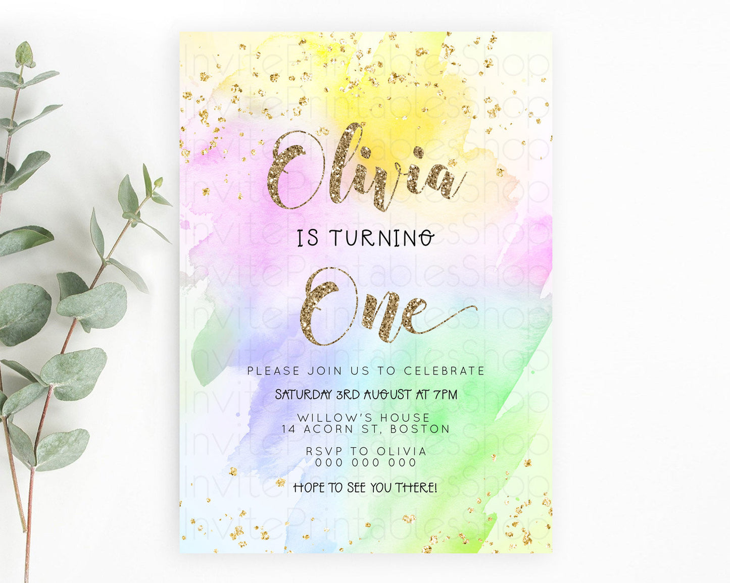 Rainbow Birthday Invitation Colorful Pastel Watercolor Invitation Gold Glitter Sprinkles Ombre Pastel 1st 2nd 3rd Birthday D23305