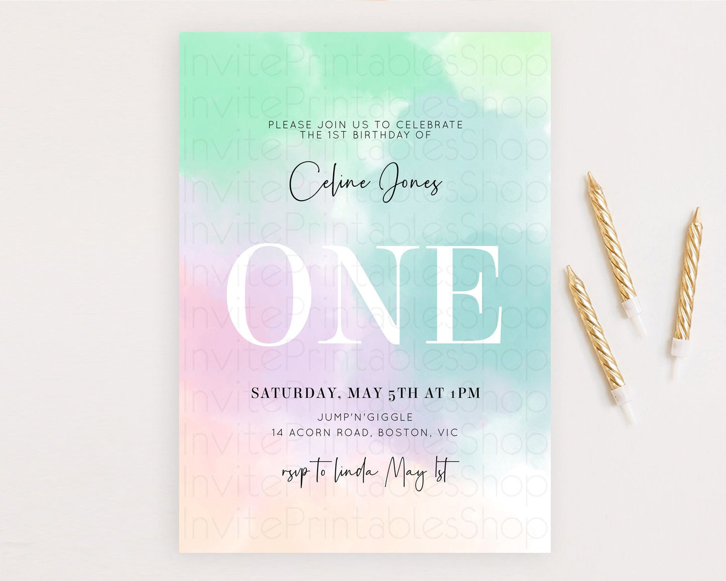 Rainbow Birthday Invitation Colorful Pastel Watercolor Invitation Gold Glitter Sprinkles Ombre Pastel 1st 2nd 3rd Birthday D10375