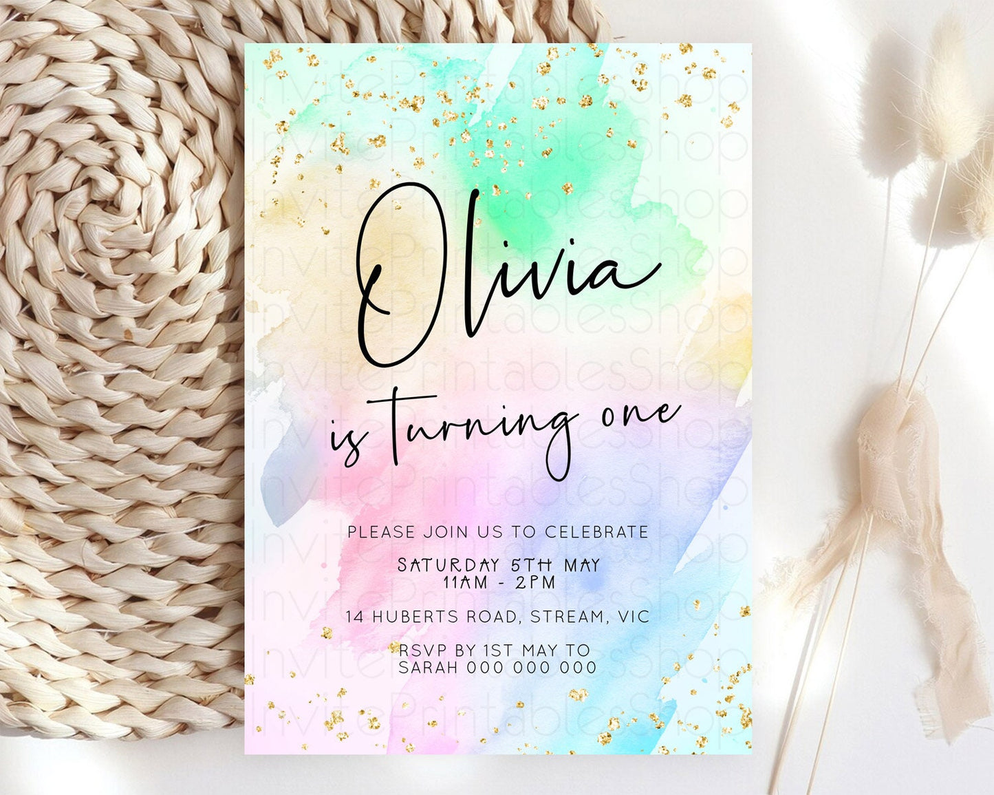 Pastel Birthday Invitation Ombre Watercolor Birthday Invitation Glitter Rainbow Color Splash 1st 2nd 3rd Birthday Invitation D23075