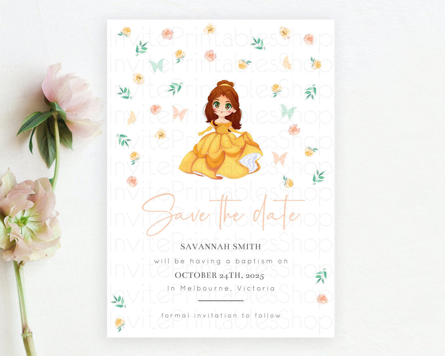 Princess Save The Date Template Secret Garden Enchanted Castle Pastel Floral Royal Party For 1st Birthday Baptism Baby Shower D10890