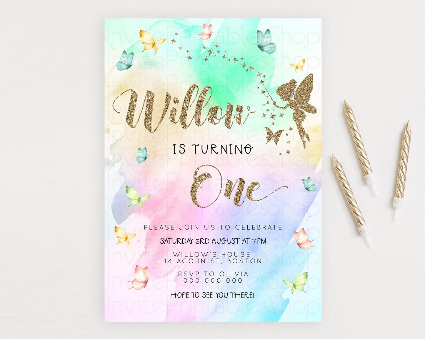 Pastel Fairy Birthday Invitation Pastel Butterflies Fairy Birthday Invitation Rainbow Ombre Watercolor 1st 2nd Birthday Invitation D23353