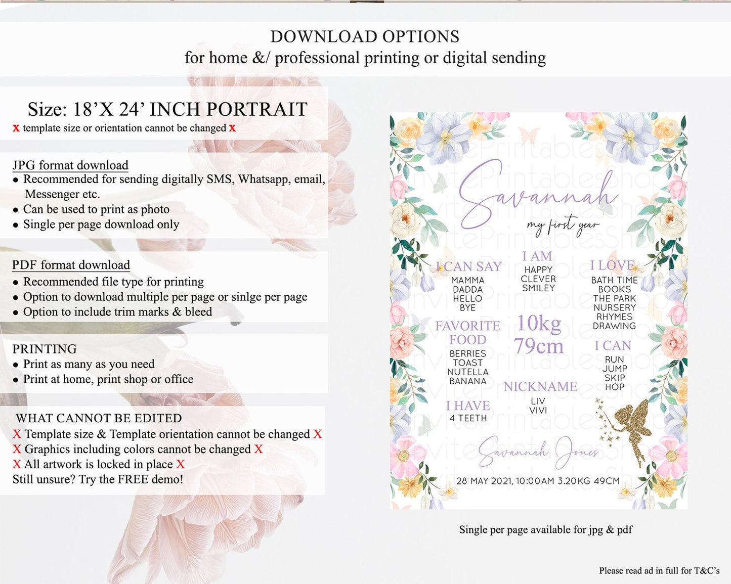 Fairy First Birthday Milestone Poster Fairy Secret Garden Milestone Board Enchanted Garden Pastel Floral Butterfly 1st Birthday Sign D10474