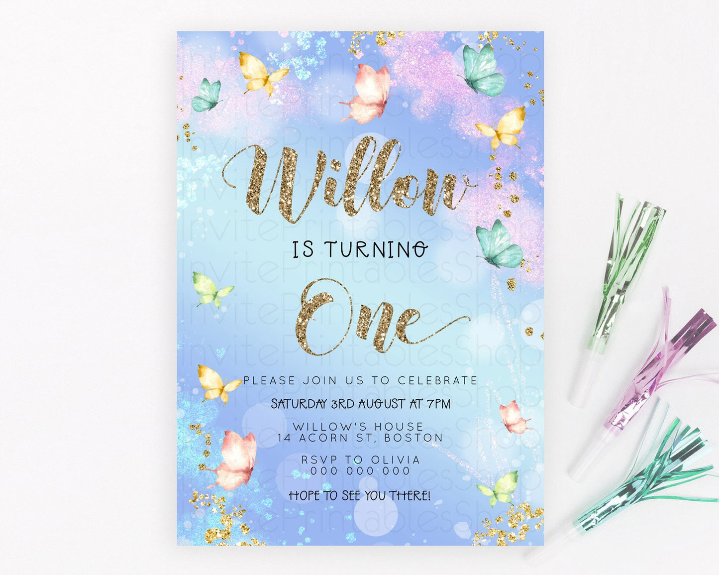 Pastel Butterfly Birthday Invitation Butterfly Birthday Invitation Colorful Splash Glitter Butterfly Garden 1st 2nd Birthday D23088