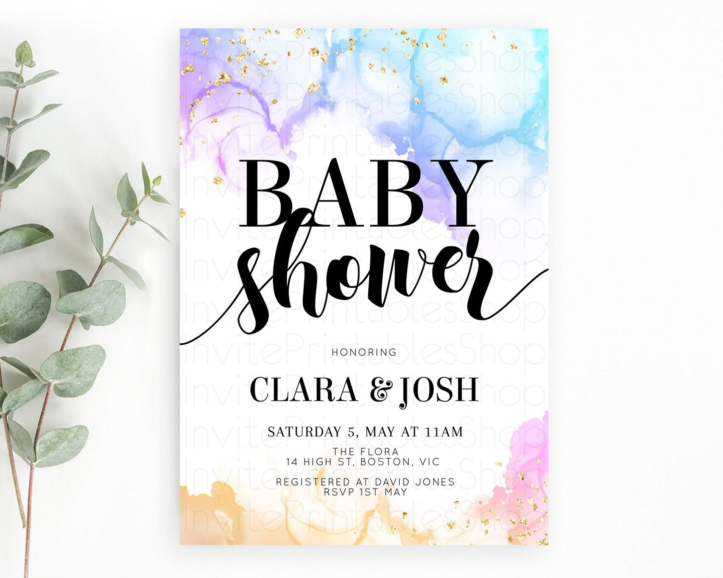 Pastel Baby Shower Invitation Rainbow Baby Shower Invitation Colorful Pastel Watercolor Invitation Gold Glitter Sprinkles Ombre D11018