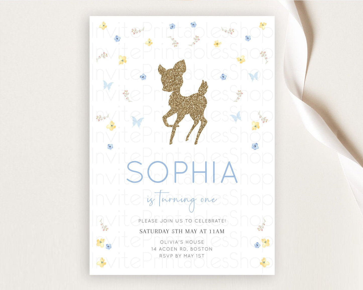 Fawn Birthday Invitation Deer Birthday Invitation Enchanted Forest Party Butterfly Pastel Flowers Whimsical 2nd 1st First Birthday D10360