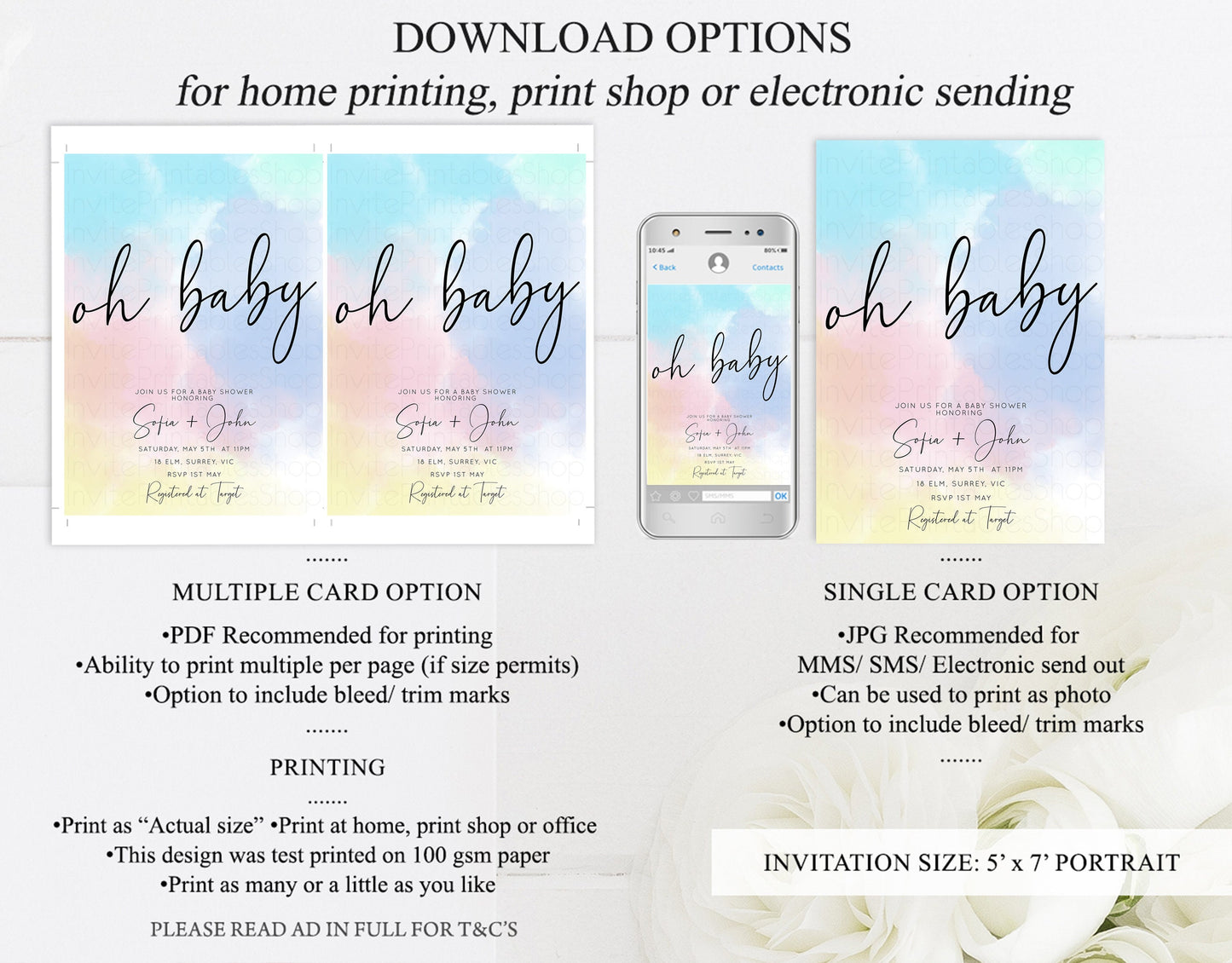 Pastel Rainbow Baby Shower Invitation Colorful Watercolor Invite Ink Splash Blue Yellow Pink Purple Gender Neutral 446