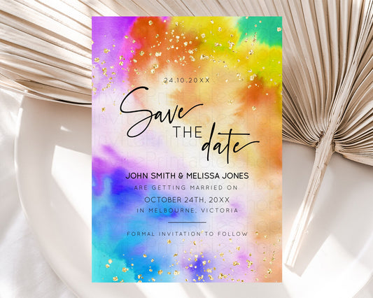 Editable Tie Dye Save The Date Template Rainbow Pastel Ombre Watercolor Part