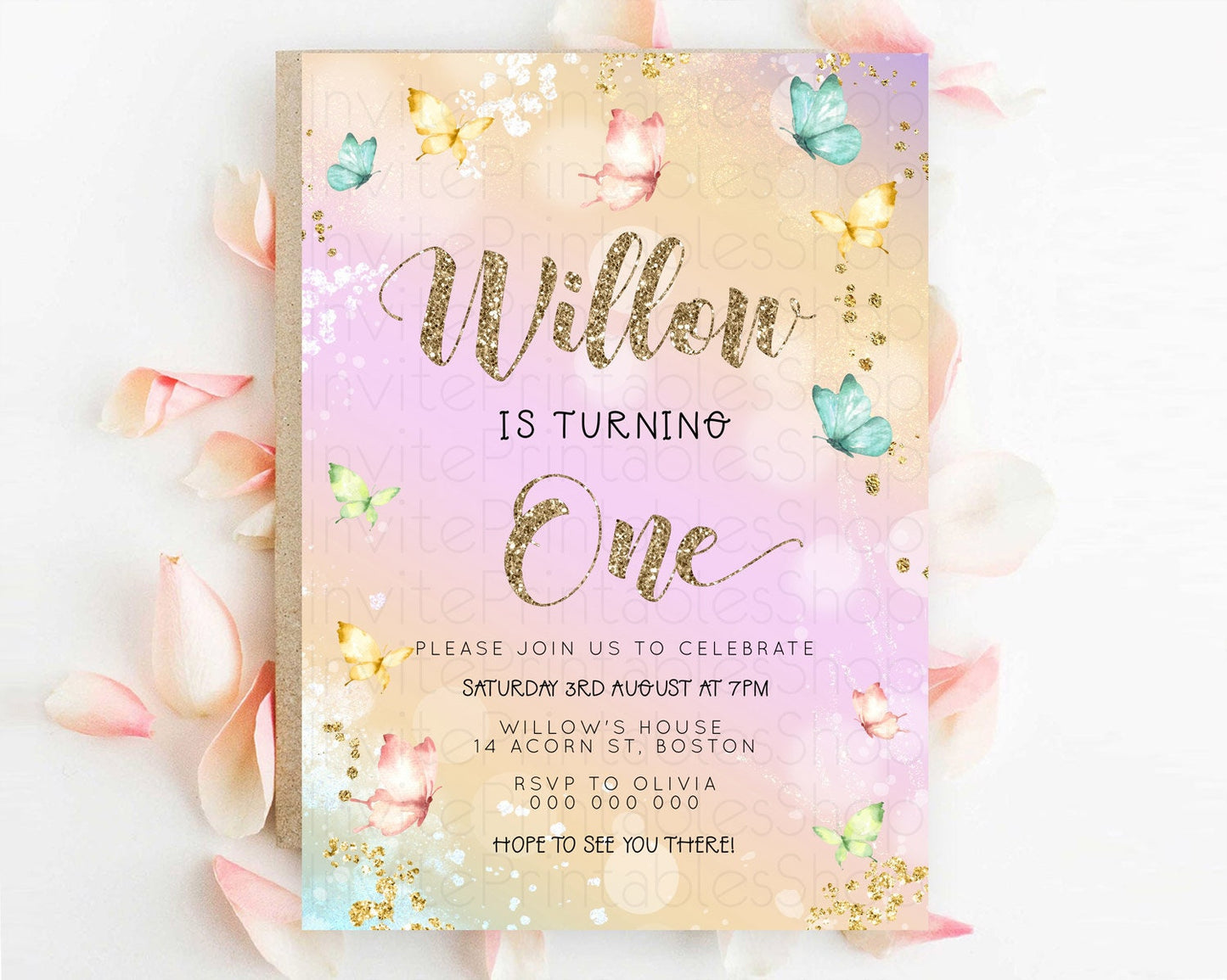 Pastel Butterfly Birthday Invitation Butterfly Birthday Invitation Colorful Splash Glitter Butterfly Garden 1st 2nd Birthday D23086