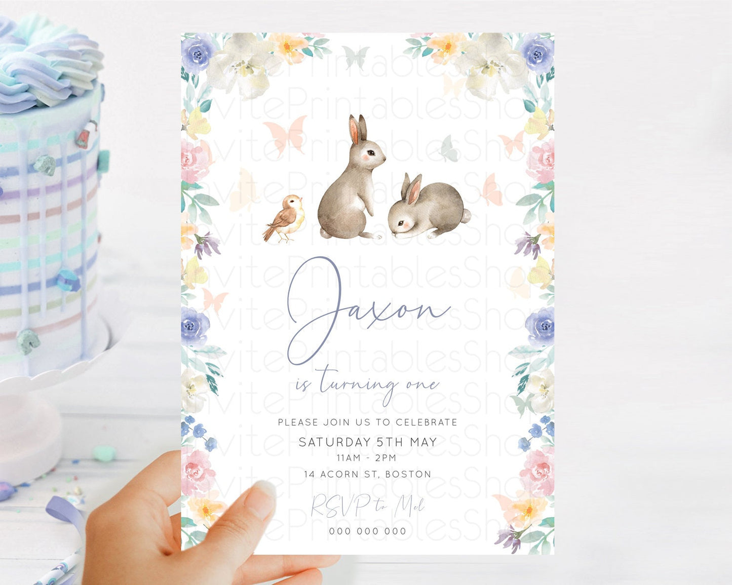 Bunny Birthday Invitation Floral Bunny Invitation Pastel Bunny Invites Pastel Watercolor Woodland Bunny Party 2nd 1st First Birthday D10928