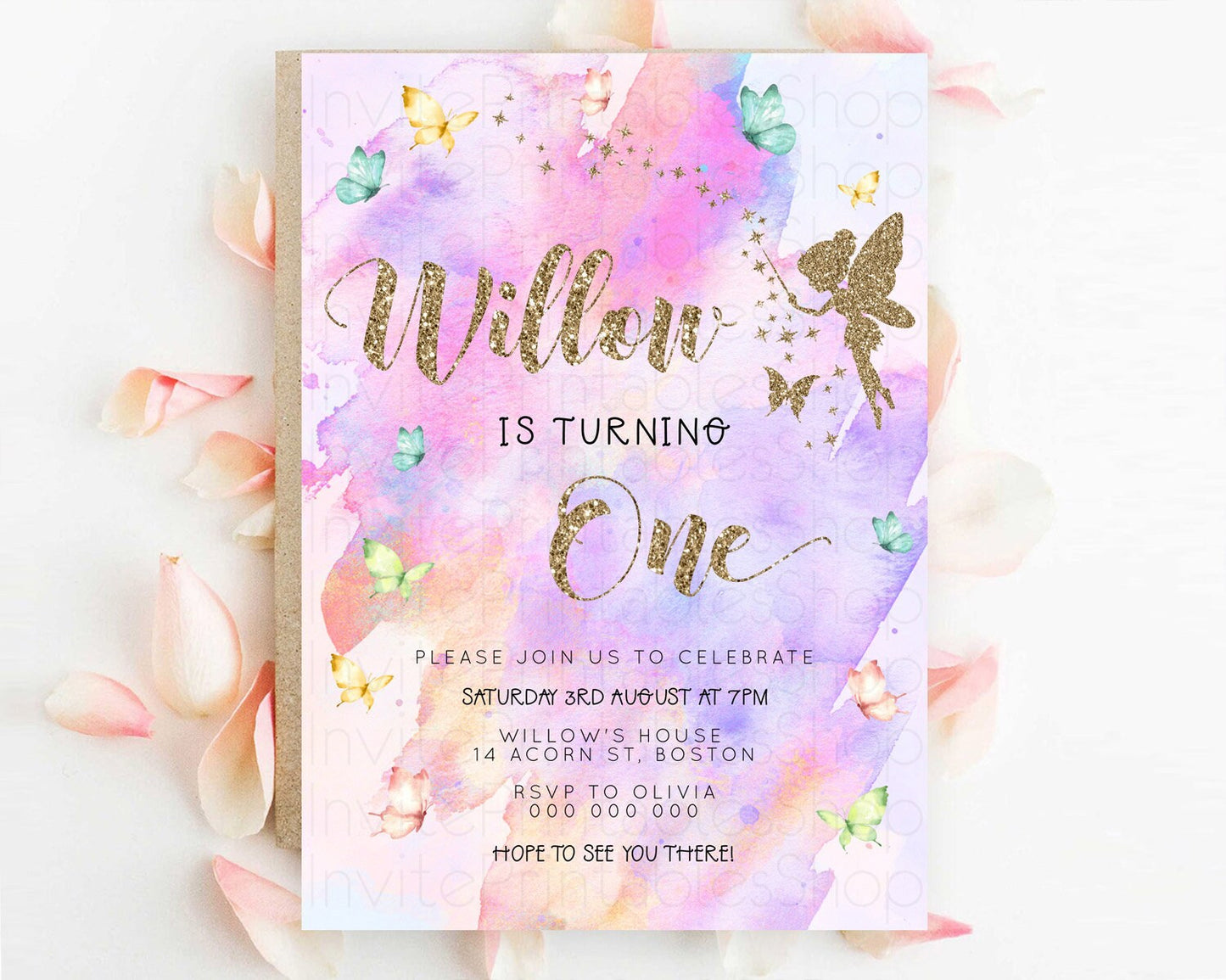 Pastel Fairy Birthday Invitation Pastel Butterflies Fairy Birthday Invitation Rainbow Ombre Watercolor 1st 2nd Birthday Invitation D23345