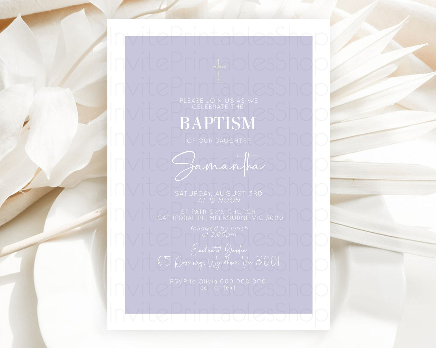 Purple Baptism Invitation Plain Purple Baptism 1st Birthday Invitation Minimalist Pastel Purple Christening Invite Holy Communion D10942