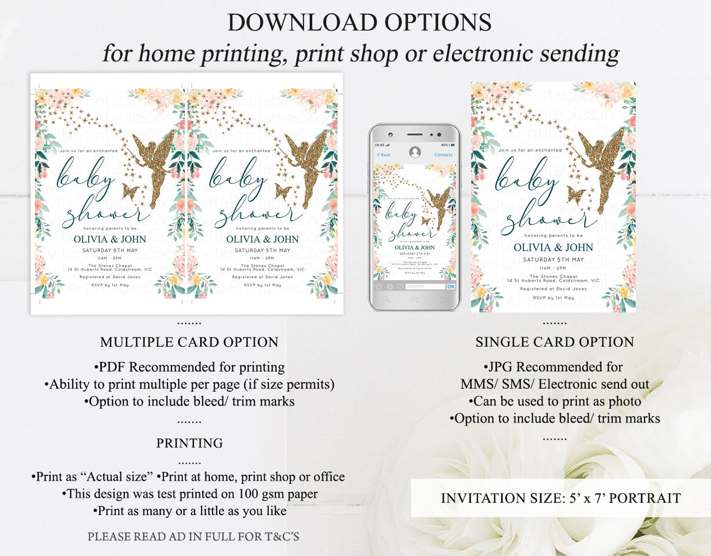 Fairy Baby Shower Invitation Enchanted Baby Shower Tinkerbell Gold Glitter Pixie Sprinkle Twinkle Stars Fairytale Pastel Watercolor Flowers