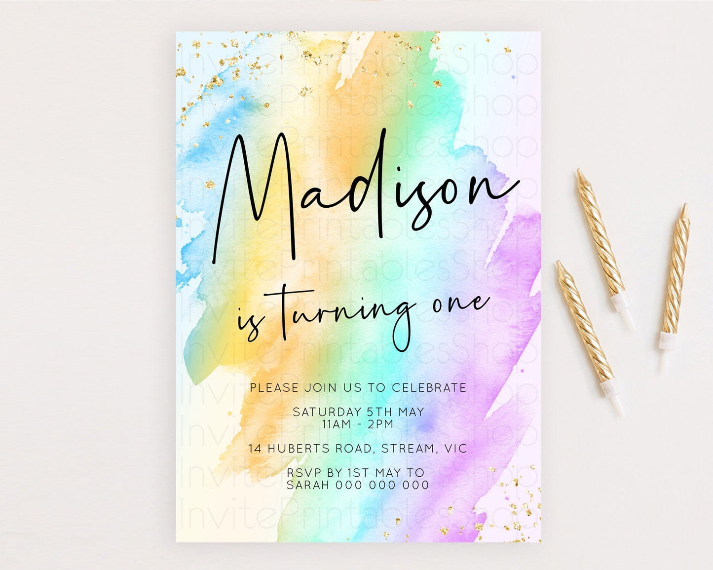 Rainbow Birthday Invitation Colorful Pastel Watercolor Invitation Gold Glitter Sprinkles Ombre Pastel 1st 2nd 3rd Birthday D10427