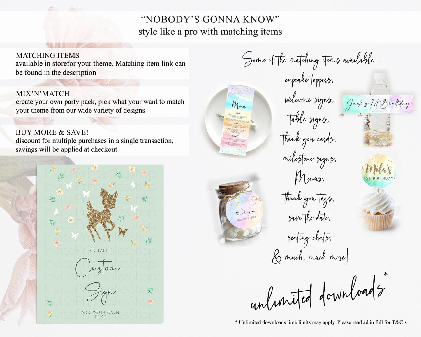 Fawn Deer Sign Pastel Floral Deer Table Sign Decor Enchanted Forest Butterfly Party 1st Birthday Baptism Baby Shower Bridal Shower D10385
