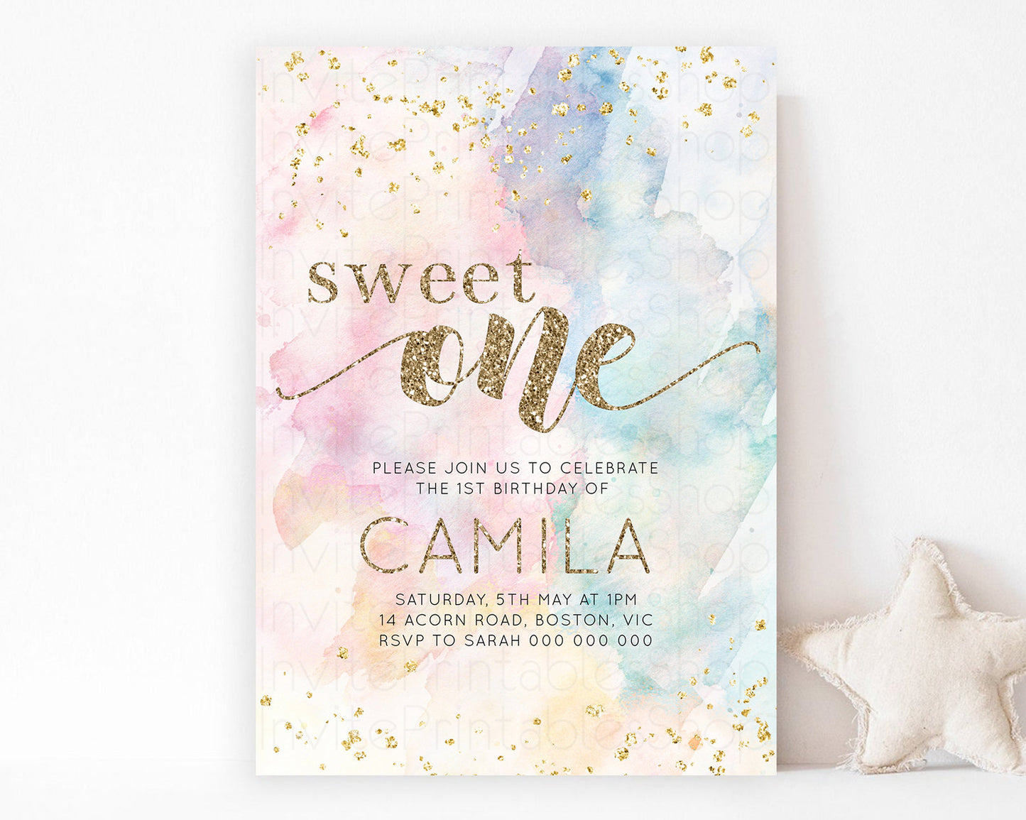 Rainbow Birthday Invitation Glitter Pastel Invitation Colorful Watercolor Gold Foil Splatter Sprinkle Ombre 1st 2nd 3rd Sweet One Invite 276