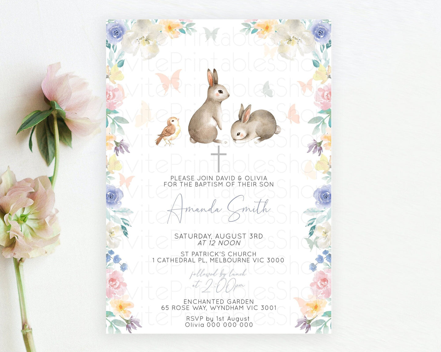 Bunny Baptism Invitation Floral Bunny Baptism 1st Birthday Invitation Pastel Bunny Christening Invite Watercolor Forest Bunny Party D10928