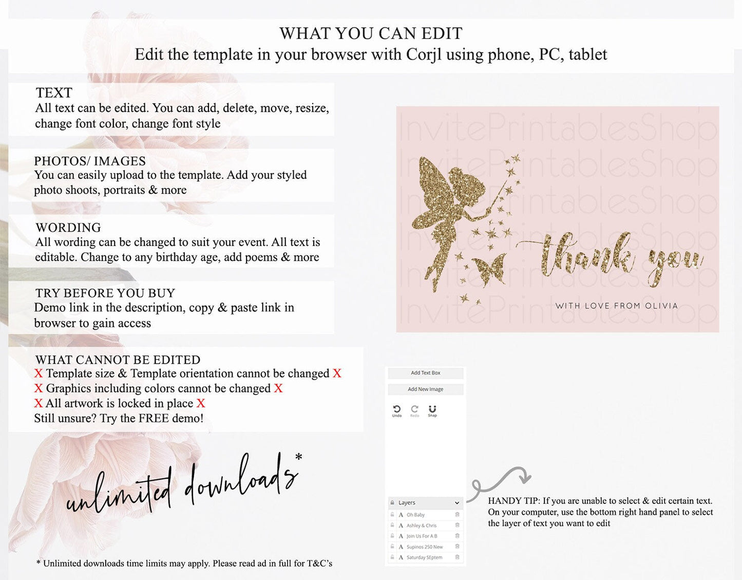 Fairy Thank You Fairy Thank You Card Enchanted Garden Pastel Butterfly Birthday Thank You Floral Secret Garden Teacher Thank You D10899