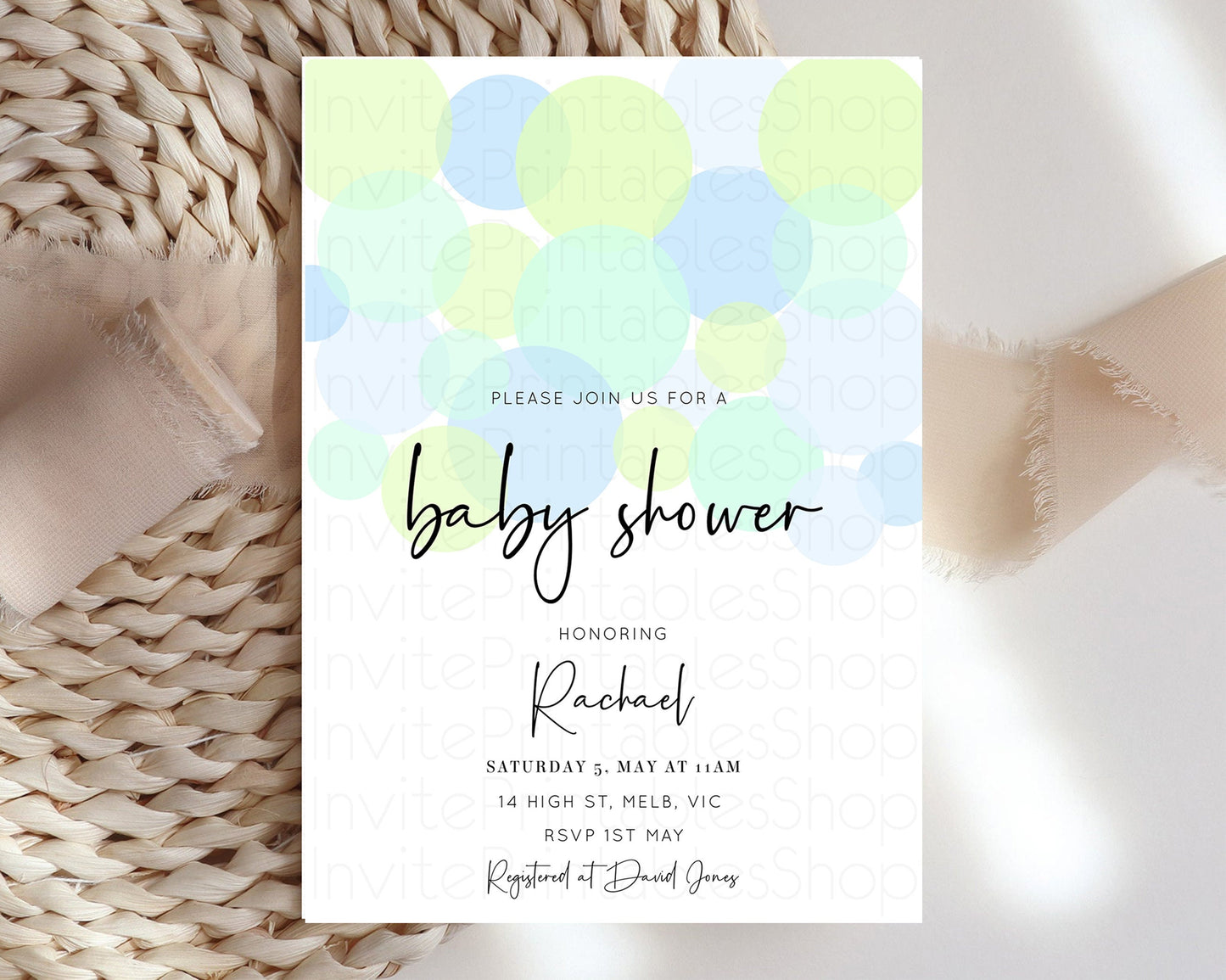 Pastel Baby Shower Invitation Colorful Rainbow Bubbles Confetti Sprinkles Blue Pink Yellow Green Boy Girl Gender Reveal Neutral 208