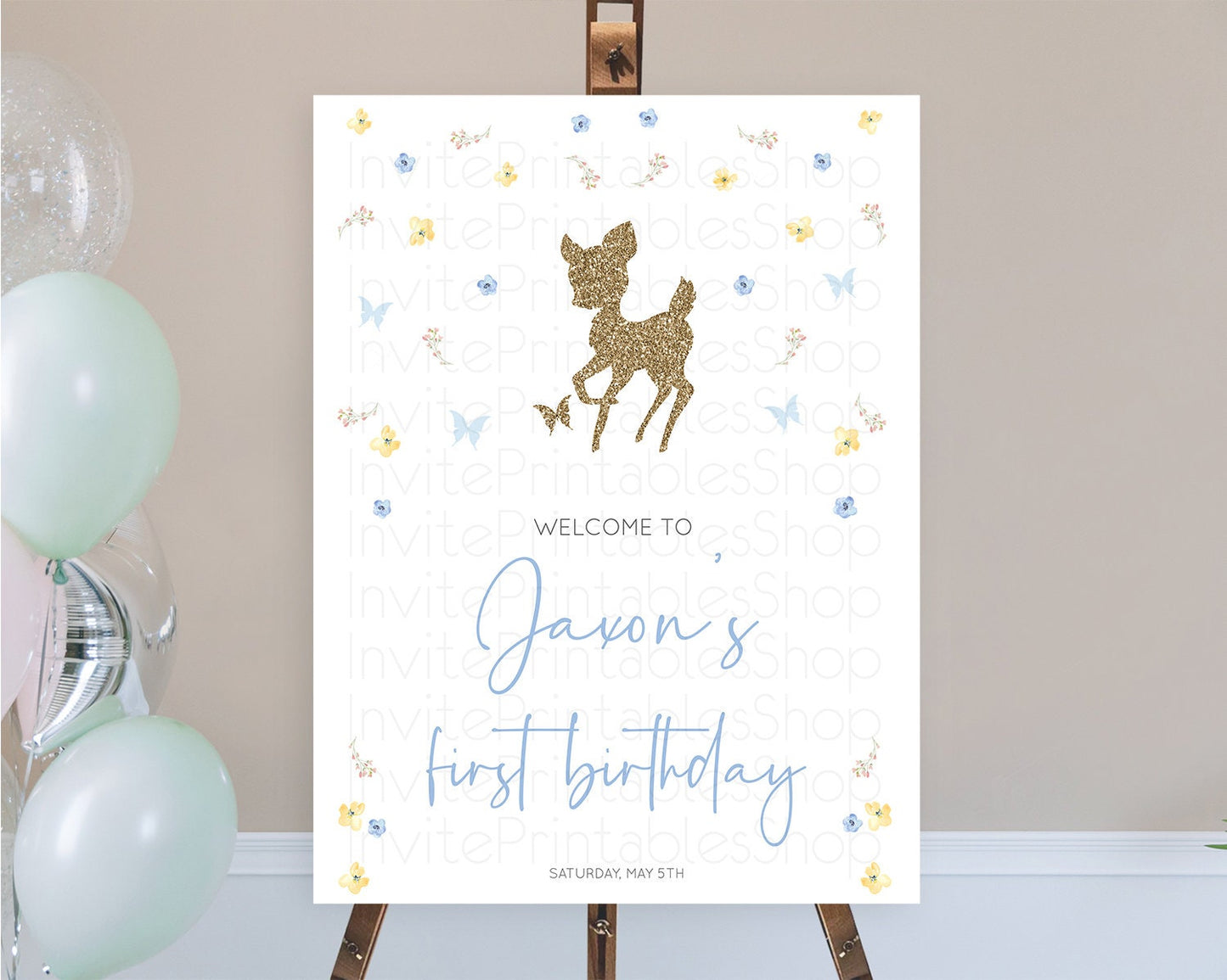 Fawn Welcome Sign Deer Welcome Board Floral Deer Welcome Poster Enchanted Forest Butterfly Pastel Floral First Birthday Welcome Sign D10360