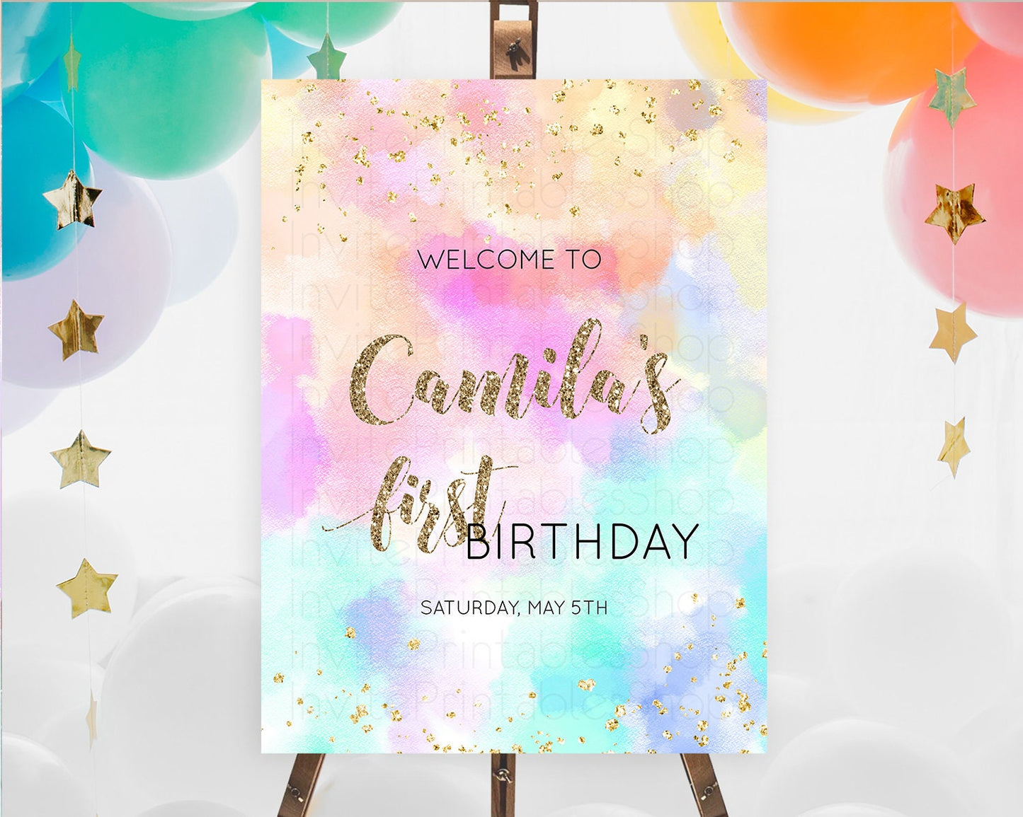 Pastel Welcome Sign Pastel Rainbow Welcome Sign Colorful Rainbow Confetti Watercolor Glitter Pastel First Birthday Welcome Sign D10669