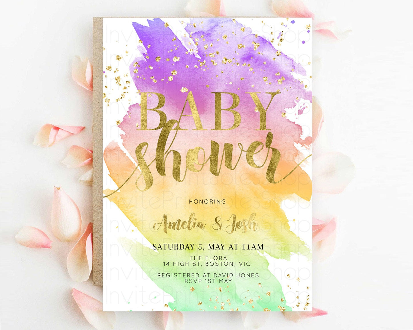 Pastel Baby Shower Invitation Rainbow Baby Shower Invitation Colorful Pastel Watercolor Invitation Gold Glitter Sprinkles Ombre D10517