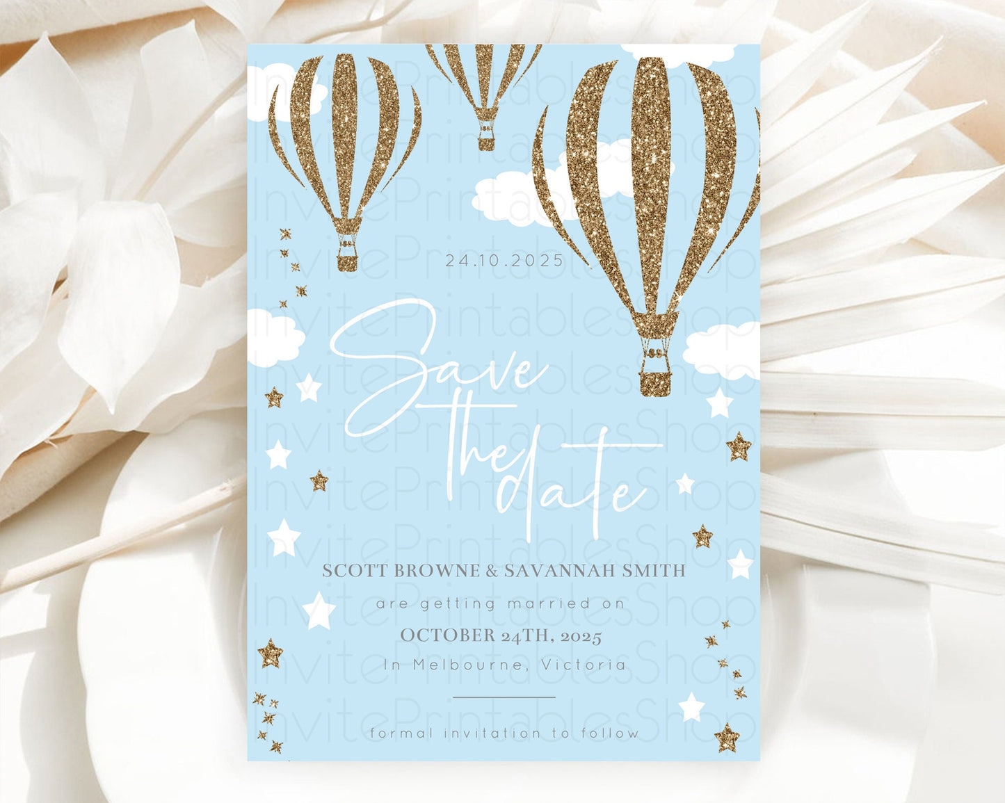 Hot Air Balloon Save The Date Template Adventure Awaits Mr. ONEderful Party 1st Birthday Baptism Baby Shower D10332