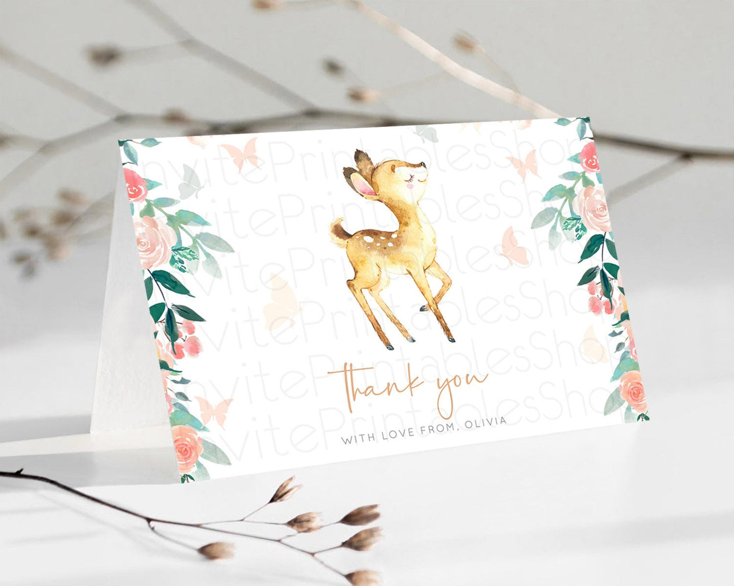 Fawn Thank You Deer Thank You Card Pastel Floral Deer Birthday Thank You Card Enchanted Forest Butterfly Deer Teacher Thank You Card D10753