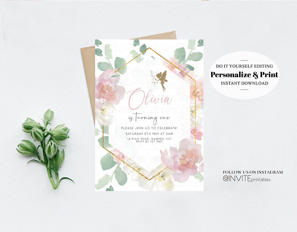 Fairy Birthday Invitation Enchanted Secret Garden Fairytale Watercolor Tinker Bell Glitter Floral Pastel Pink Flowers Template Invite