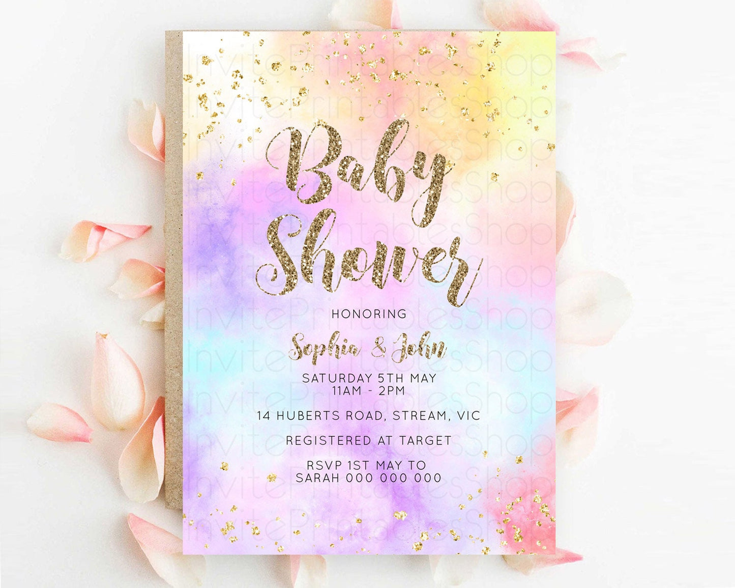 Pastel Rainbow Baby Shower Invitation, Watercolor Splash, Confetti Sprinkles, Colorful Ombre - Blue, Yellow, Purple, Orange, Glitter D10435