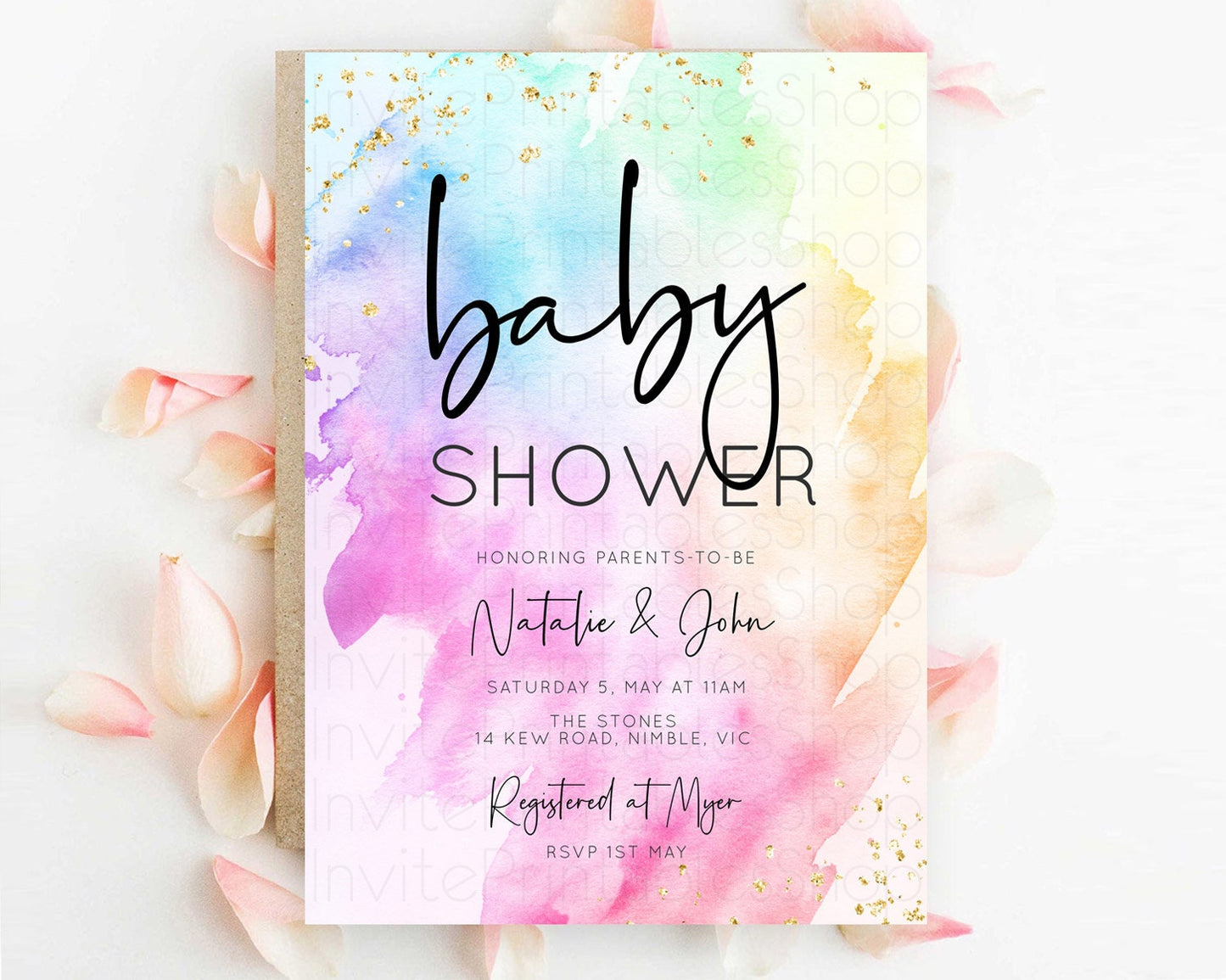 Pastel Rainbow Baby Shower Invitation, Watercolor Splash, Gold Confetti Sprinkles, Colorful Ombre Pink, Yellow, Green, Orange D10449